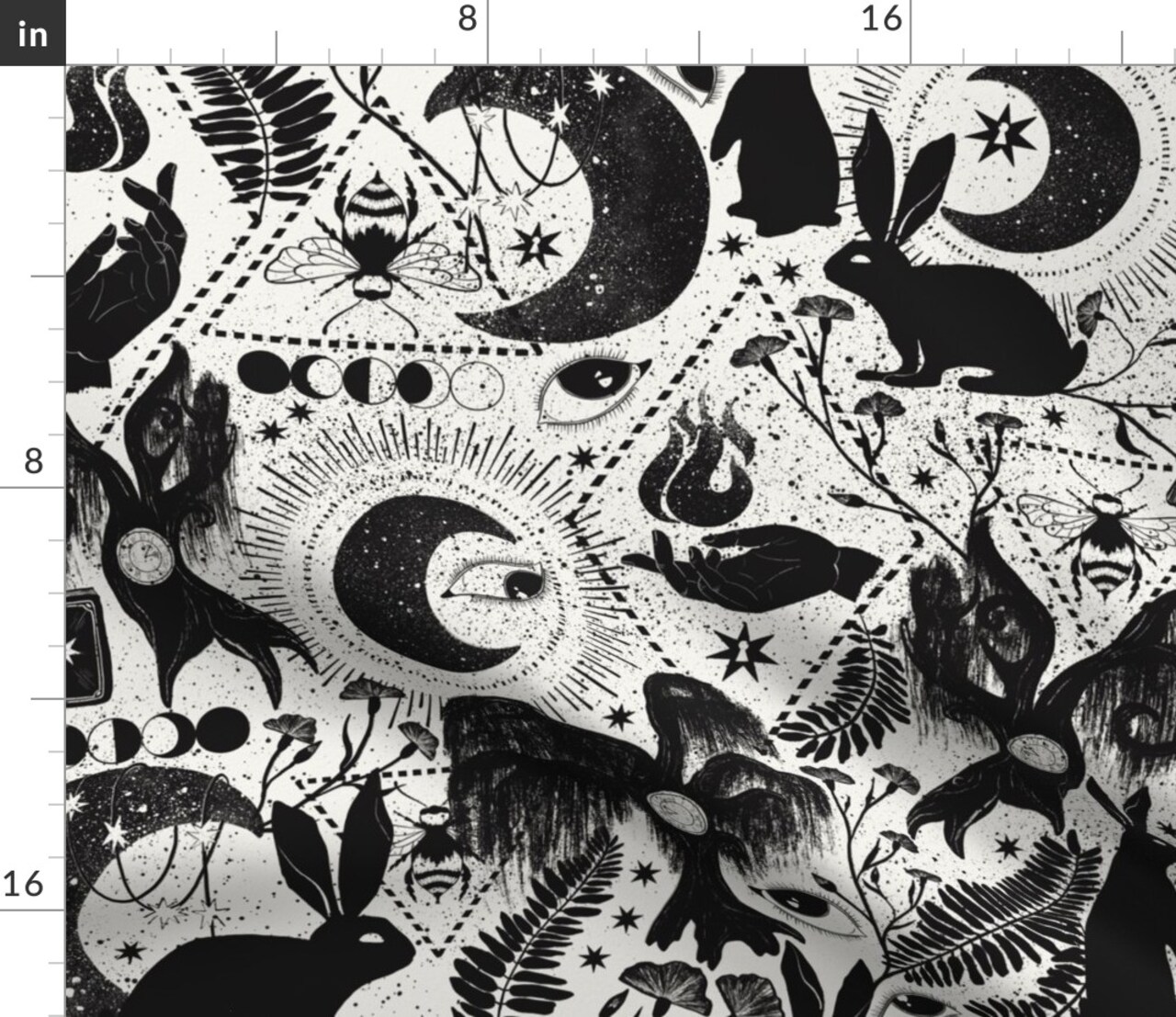 Occult Black And White Fantasy Magic Eye Witch Bee Clock Spiritual Wicked Magicians Phantasmagoria Custom Printed Fabric by Spoonflower Various Fabrics by the Yard or Fat Quarter